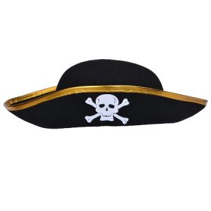 SOMBRERO PIRATA BORDE DORADO Y CALAVERA X1