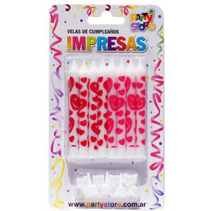 VELA BCO IMPRESA CORAZONES C/PORTA X8